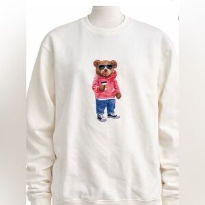 Denim & Flower  💙🤎size M Men's Cream Crewneck Sweater with Bear Graphic